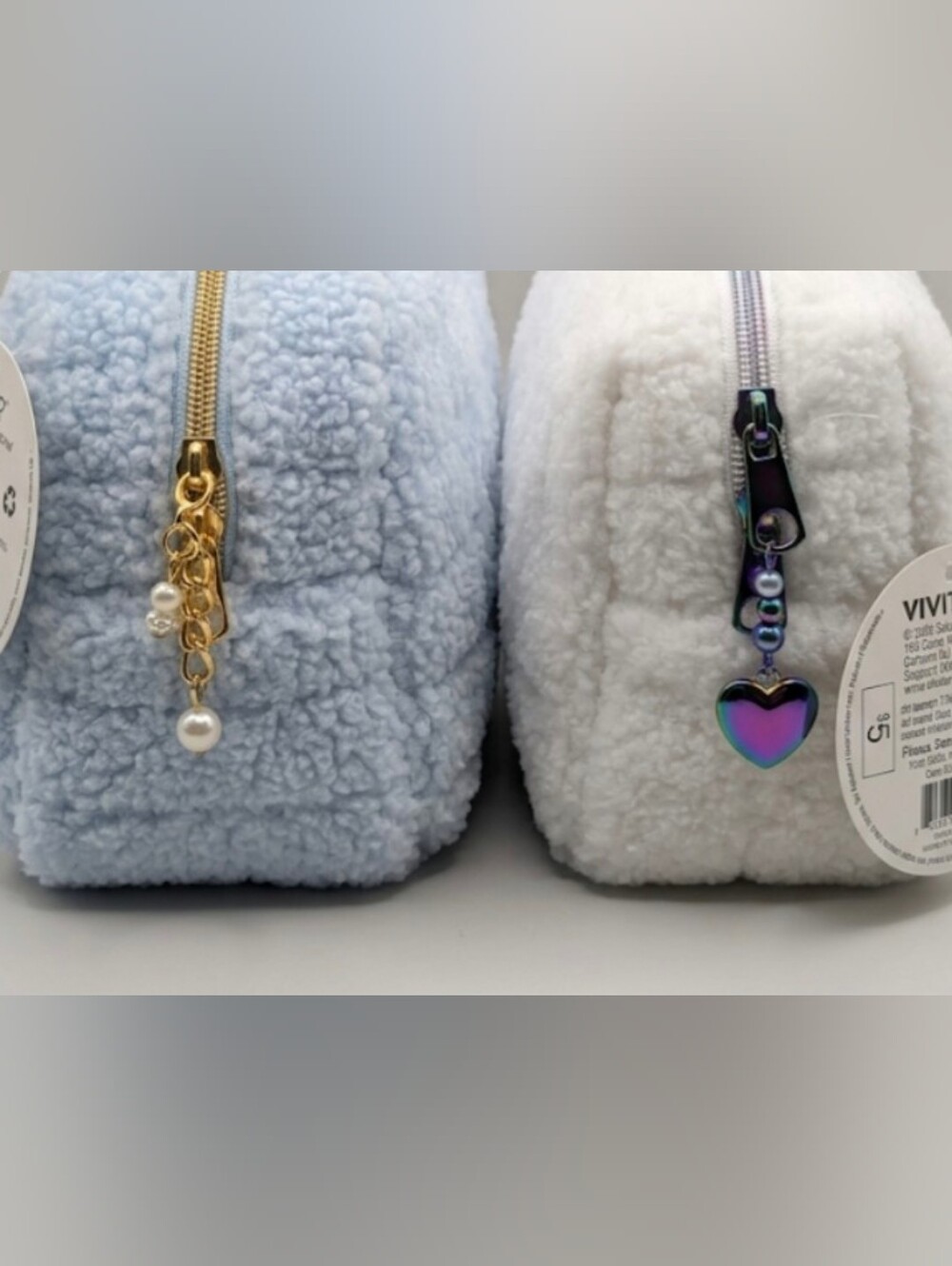 NWT Plush Faux Sherpa Cosmetic Pouches - Light Blue Or Cream
